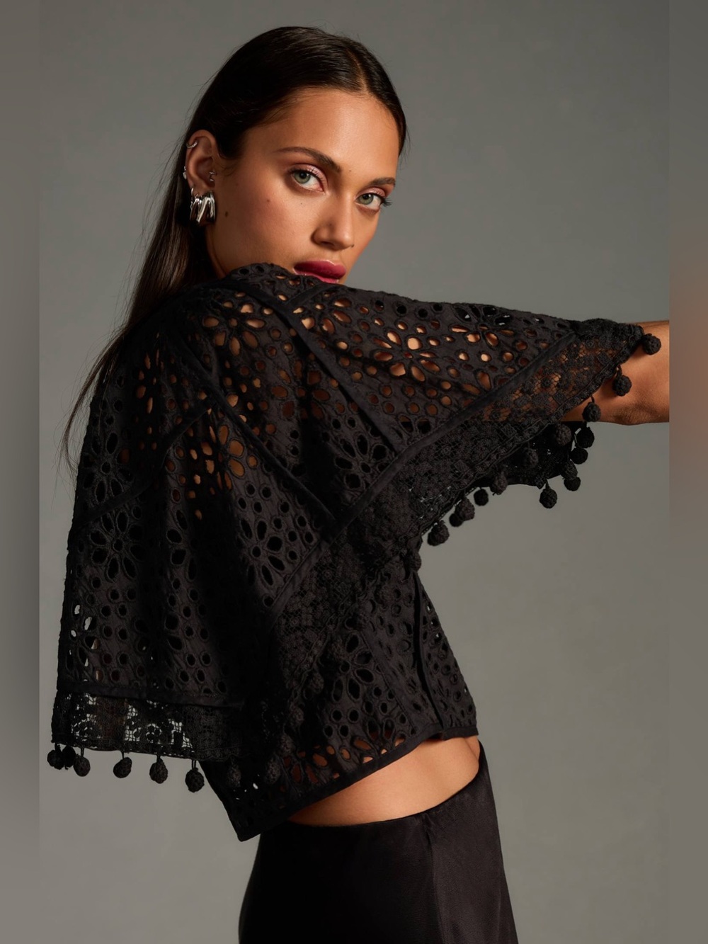 Anthropologie Boat-Neck Victorian Cutwork Pom-Pom Blouse Size XL
